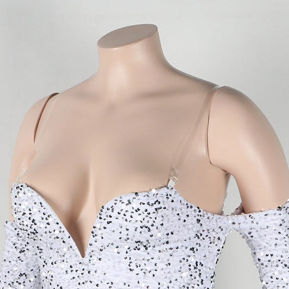 Women's Elegant Sequined Feather Slim Patchwork Bodysuits Spring Summer New Sexy Bodysuits Women Long Sleeve Backless Bodysuits