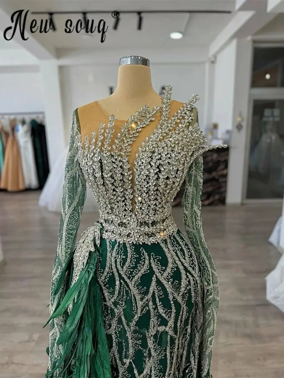 Emerald Green Appliques Mermaid Evening Dresses Elegant Overskirt Feather Prom Dresses Sequins Formal Party Gown Customized Badiee Stylez