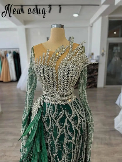 Emerald Green Appliques Mermaid Evening Dresses Elegant Overskirt Feather Prom Dresses Sequins Formal Party Gown Customized Badiee Stylez