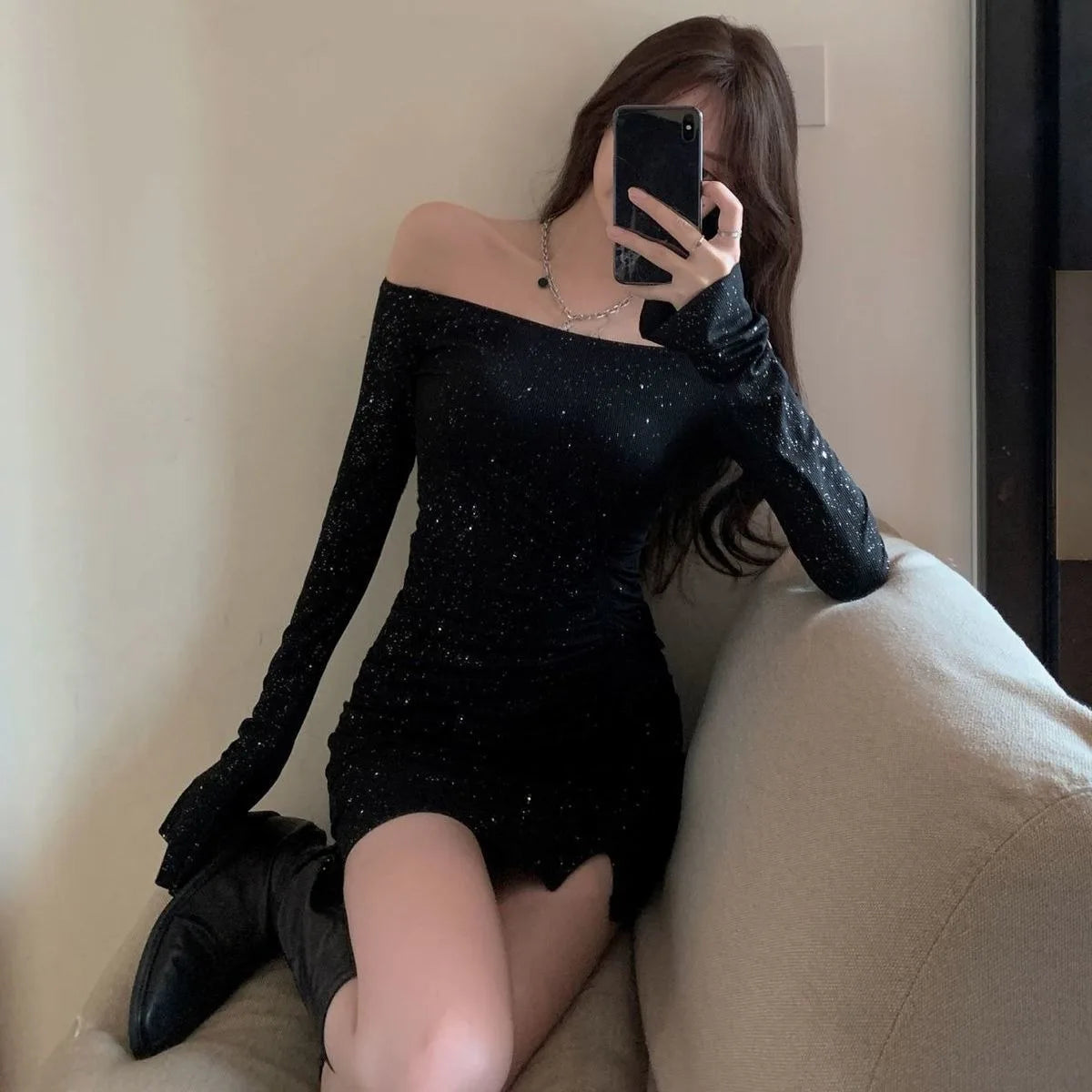 One-Shoulder Sequined Long Sleeve Sexy Pencil Skirt