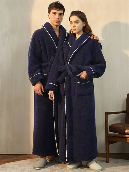 Men's Winter Bathrobe Long Sleeve Warm Turn Down Collar Man Fluffy Bath Robe With Sashes Solid Fleece Dressing Gown For Male