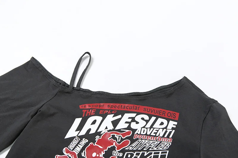 Gothic Tee Y2k Letter Print Off Shoulder Punk T-shirts Women Harajuku Summer Streetwear Grunge T Shirt Aesthetic Sexy Crop Tops