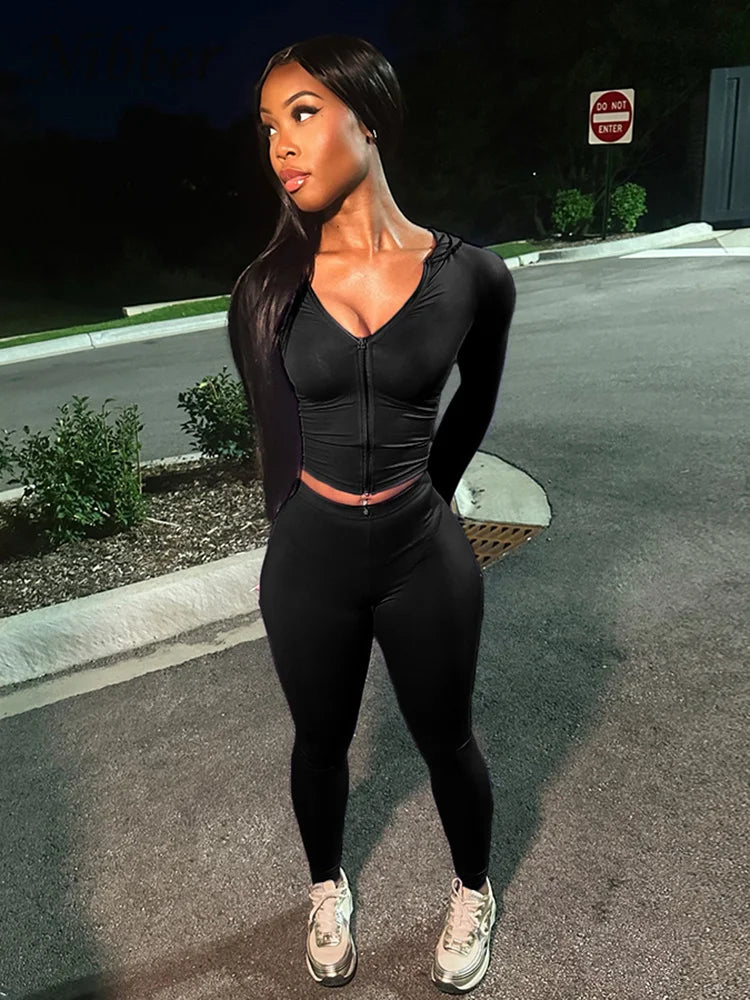 Nibber Sporty Casual 2 Piece Set Women Tracksuit Hooded Zip Crop Tops+Leggings Fitness Soft Stretch Streetwear Activity Suit