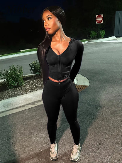 Nibber Sporty Casual 2 Piece Set Women Tracksuit Hooded Zip Crop Tops+Leggings Fitness Soft Stretch Streetwear Activity Suit