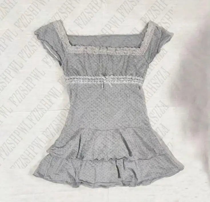 Y2K Womens Daily Clothing Summer Female Soft 2000s Vintage Harajuku Thin Artsy Skinny Minimalist Personality Bow Classic T-shirt GRAY
