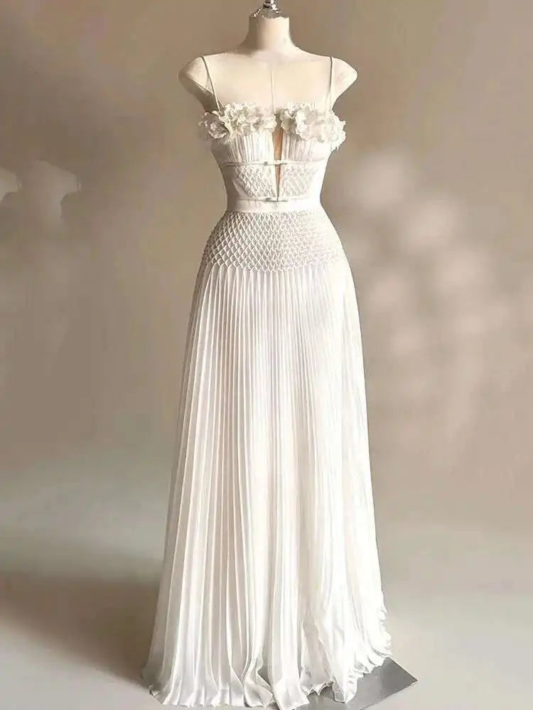 DEAT Elegant Dress Hollow Out Backless Camisole Pleated Flower High Waist Women's Party Dresses 2025 Autumn New Fashion 13DB5083 Badiee Stylez