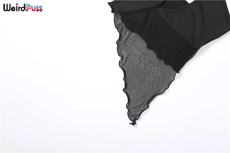 Weird Puss Cross Halter Women Tank Tops Hollow Out Backless Sleeveless Irregular Mesh Patchwork Solid Sexy Wild Party Clubwear