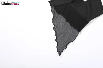 Weird Puss Cross Halter Women Tank Tops Hollow Out Backless Sleeveless Irregular Mesh Patchwork Solid Sexy Wild Party Clubwear