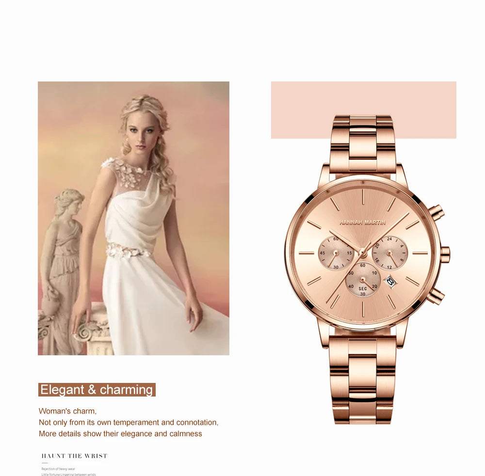 HANNAH MARTIN Brand Women Multifunctional Watch Original Stainless Steel Rose Gold 36mm Quartz Movement Casual Banquet Wristatch