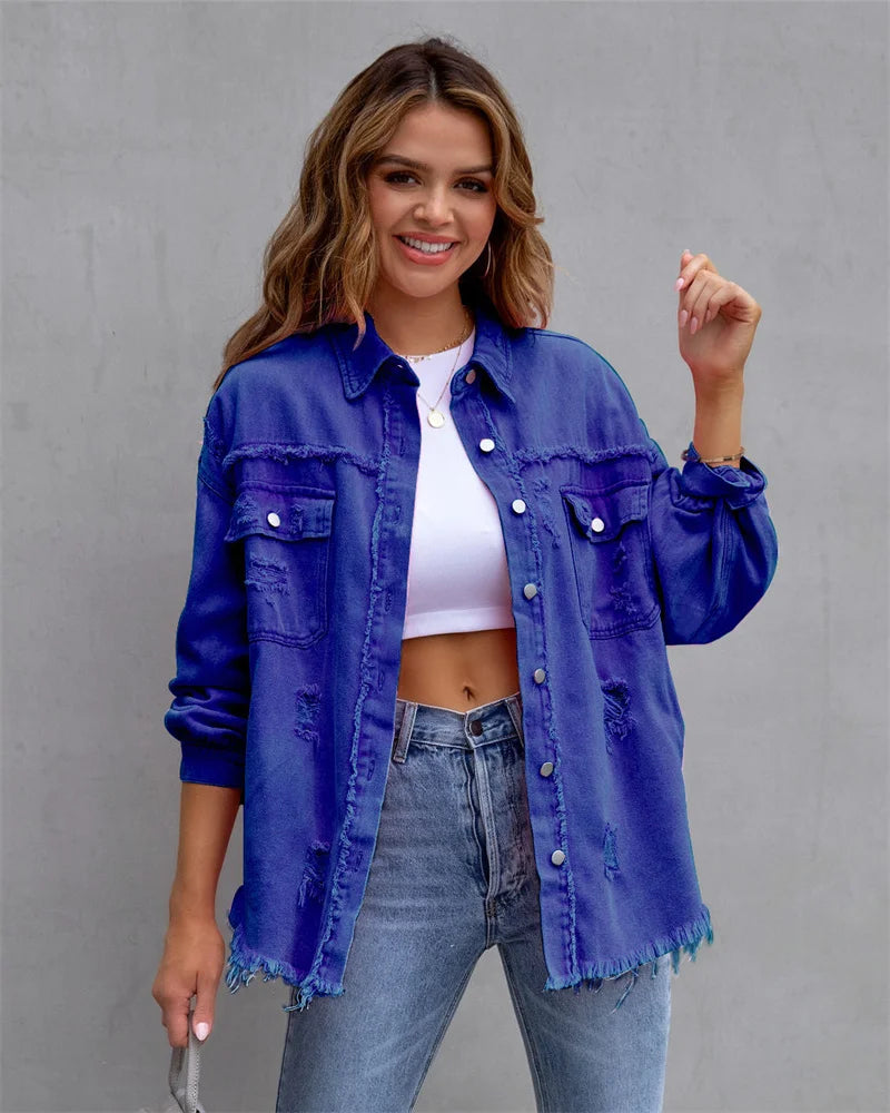 2025 Spring Autumn Shirt Style Denim Jacket Women Holes Raw-edges Jeancoat Casual Tops Female Oversize Loose Outerwear 7 Colors
