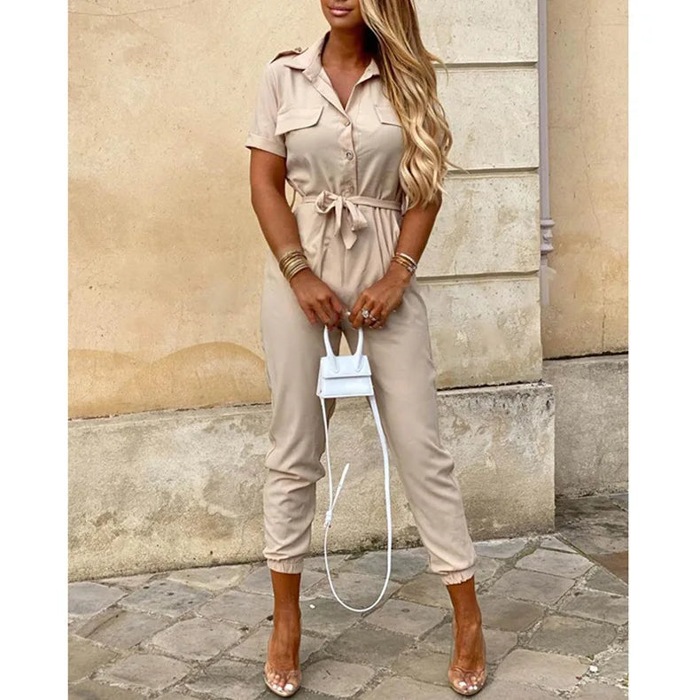 Women's Monochrome Jumpsuit 2024 Spring/Summer Comfortable Casual Flip Collar Printed Belt Work Dress Women's Jumpsuit