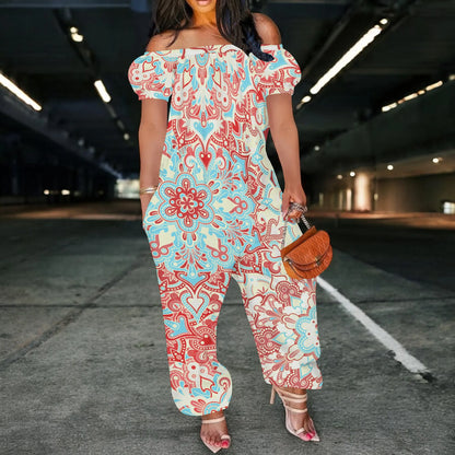 Women Plus Size One Piece Outfits Leopard Print Off Shoulder Short Sleeve Loose Long Pants Jumpsuits Badiee Stylez