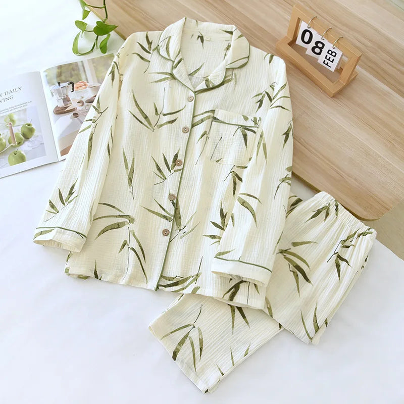 2025 Spring and Autumn Women's Pajama Set 100% Cotton Crepe Long sleeved Pants Two piece Cute and Sweet Home Fury Set Ladies 05