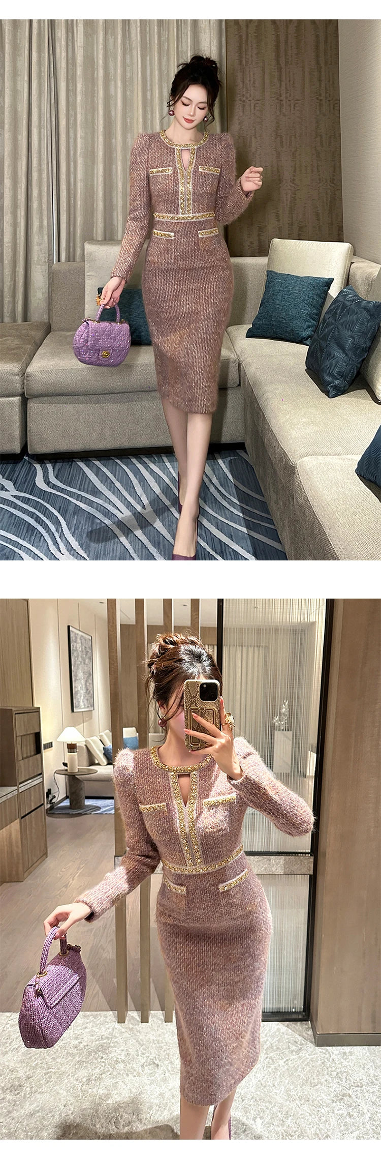 Women Clothes Vintage Tweed Hollow Sexy O-Neck Slim Midi Pencil Dress Elegant Fashion Evening Party Vestidos Formal Occasion New