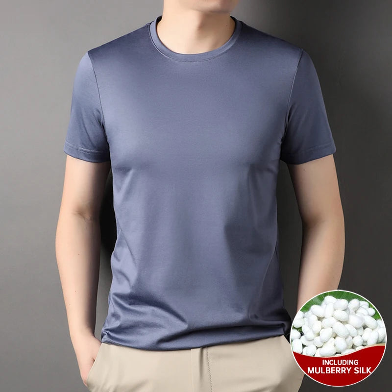 Top Grade 1.7% Mulberry Silk New Brand Tops Round Neck t Shirts For Men 2025 Summer Short Sleeve Casual Fashion Mens Clothing Light Grey