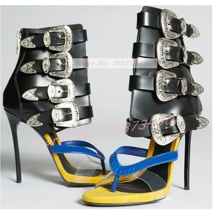 Light Luxury Metal Buckle Mid Calf Sandals Flip Flop Open Toe High Heels Stiletto Zipper Women Shoes2024 New Zapatos Para Mujere Black-3