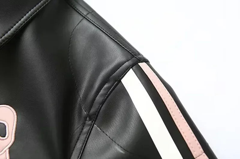 Zekye Vintage Women's Faux Leather Jacket Autumn Winter Lapel Collar Bow Detail Zipper Overcoat Fashionable Outerwear