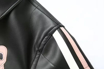 Zekye Vintage Women's Faux Leather Jacket Autumn Winter Lapel Collar Bow Detail Zipper Overcoat Fashionable Outerwear