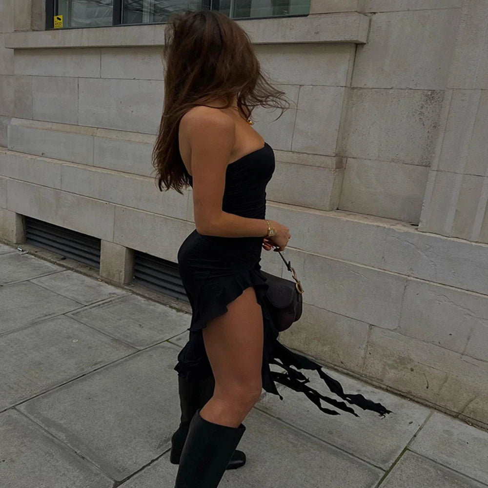 WonMiracle Elegant Strapless Dress Women Irregular Tassel 2024 Summer Trend Skinny Split Maxi Bodycon Party Dress For Women