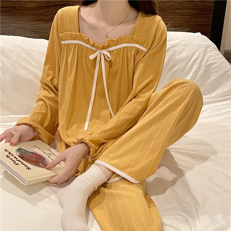 Women's Spring and Autumn Pajamas Set Women's Long-Sleeved Long Trousers Pajamas Homewear Sweet Leisure Homewear Loose Set Yellow