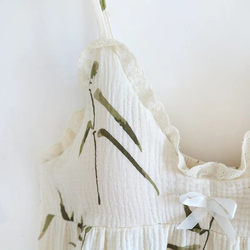 2025 Summer New Women's Two Piece Set of 100% Pure Cotton Crepe Cloth with Chest Cushion Sleepwear Sweet and Cute Home Fury