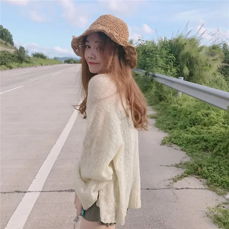 Knitted Cardigan for Women Summer Oversized Knit Loose Coat Sweater Korean Top Solid Cropped Cardigan Y2k Sweater Beach Blouses