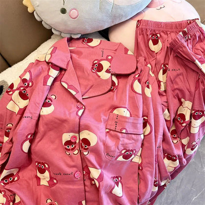 Disney Cartoon Strawberry Bear Home Outfit Women's Long Sleeved Pants Pijama Sleepwear for Sleeping Pajama Sets
