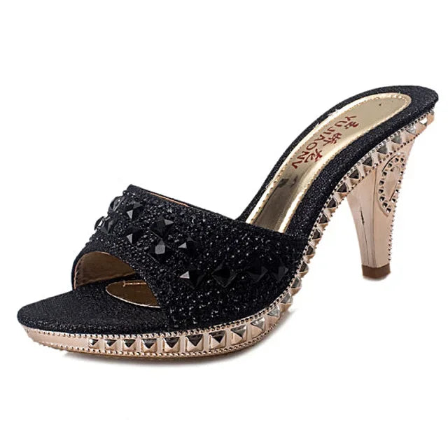 Summer Women Sandals Rhinestone Women Shoes Sexy High Heels Shoe Ladies Sandalias Gold Silver Women Slippers Heeled Sandals Sexy 735-black