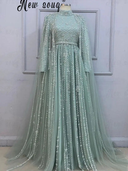 Middle East Evening Dress With Long Cape Sleeve Dubai Mint Green Wedding Party Gowns Muslim Women A Line Prom Dress Customized Badiee Stylez