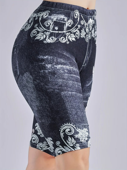 3 Piece Set Of Lmitation Denim Leggings For Women Butterfly Waist Fruit Flower Elastic Shorts High Waist Casual