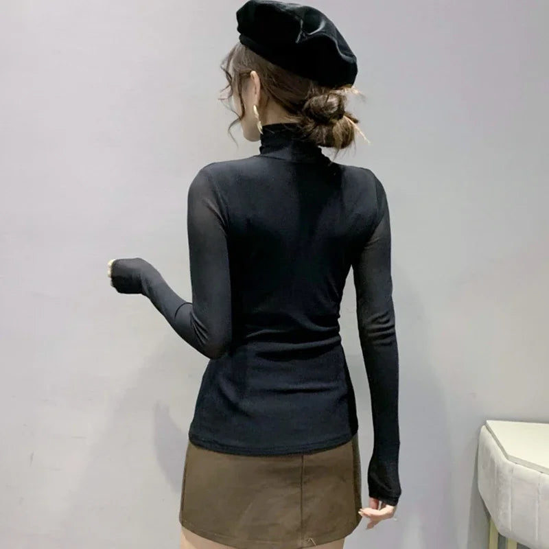 Sexy Mesh Basic T-shirts Women 2025 Fashion Turtleneck Casual Long Sleeve Y2k Tops Korean Clothes Woman Black Winter T Shirt 4XL
