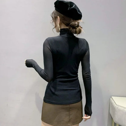 Sexy Mesh Basic T-shirts Women 2025 Fashion Turtleneck Casual Long Sleeve Y2k Tops Korean Clothes Woman Black Winter T Shirt 4XL