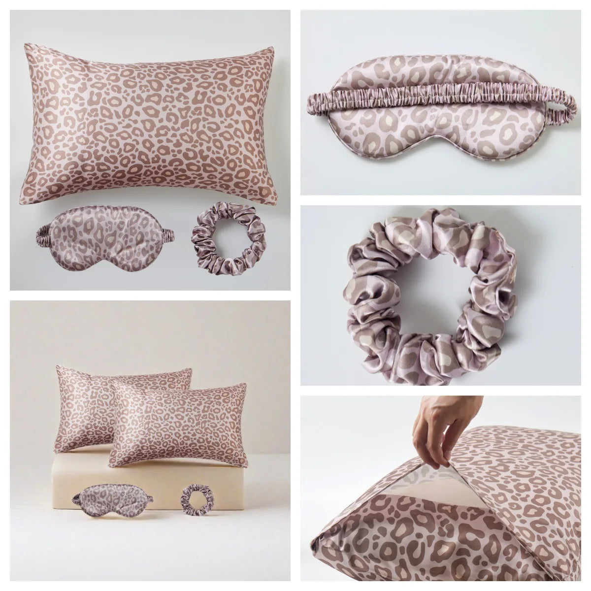 Leopard Print 4PCS Satin Sleep Set – 2 Pillowcases with Eye Mask and Hair Scrunchie for Nighttime Beauty Care and Travel Comfort Badiee Stylez