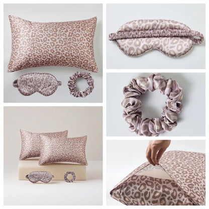 Leopard Print 4PCS Satin Sleep Set – 2 Pillowcases with Eye Mask and Hair Scrunchie for Nighttime Beauty Care and Travel Comfort Badiee Stylez