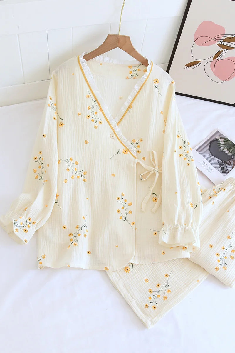 Fdfklak 2025 Spring Crepe Kimono Long Sleeve Home Clothes Female Sleepwear Gauze Cotton V-Neck Home Suit Women's Pajama