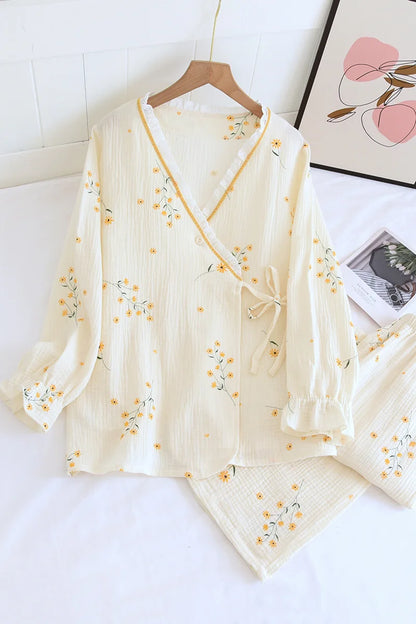Fdfklak 2025 Spring Crepe Kimono Long Sleeve Home Clothes Female Sleepwear Gauze Cotton V-Neck Home Suit Women's Pajama