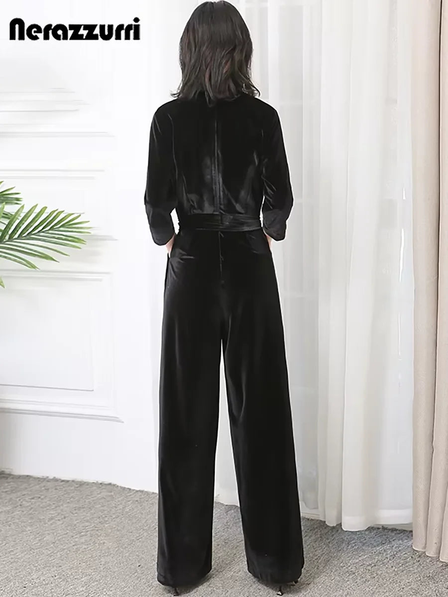 Nerazzurri Spring Autumn Long Soft Flowy Red Velvet Jumpsuit Women with Sleeves Sashes Maxi Black Wide Leg Floor Length Clothes Badiee Stylez