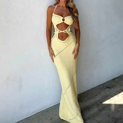 Women's Sleeveless Knit Long Dress Solid Color Halter Front Cutout Back Tie-Up Slim Dress Summer Beach Casual Dress Yellow
