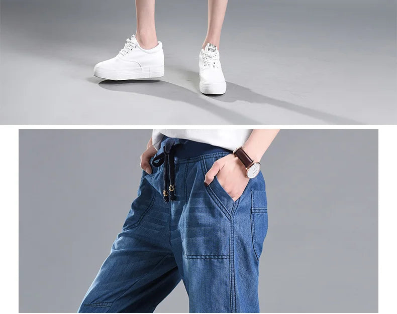 Summer Styles Loose Jeans For Women Calf-Length Harem Pants Elastic High Waist Thin Pants Fashion Jeans 4XL