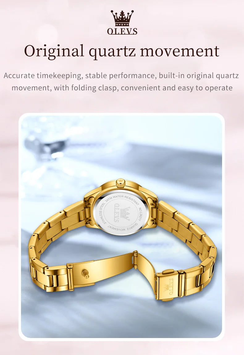 OLEVS Elegant Fashion Brand Women's Watches Gold Waterproof cCalendar Quartz Watch for Lady Stainless Steel Original Wristwatch