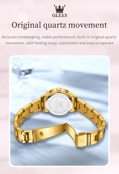 OLEVS Elegant Fashion Brand Women's Watches Gold Waterproof cCalendar Quartz Watch for Lady Stainless Steel Original Wristwatch