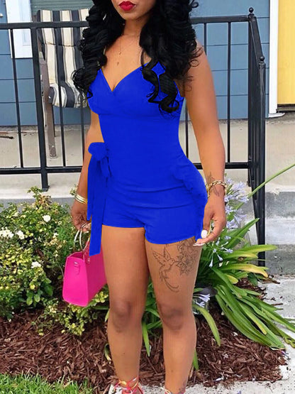 Ruffle Deep V Neck Summer Romper Sexy Bow Tie Short Jumpsuit Women Sleeveless Casual Playsuit Overalls Rompers