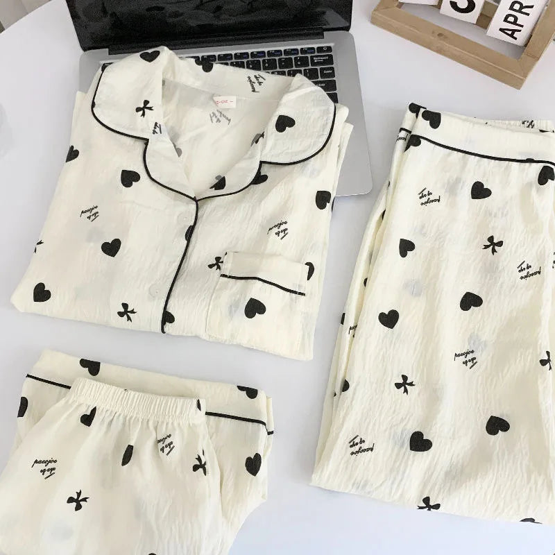 Summer Cloud Cotton Spwear Set Women's ort Sve Long Pants Home Clothes Cartoon Print Comfortable Breathable Nightgown Cz three-piece setSpade heart