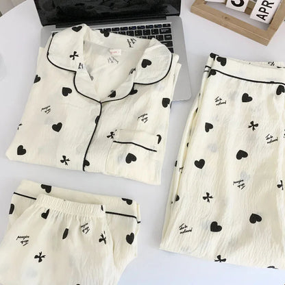 Summer Cloud Cotton Spwear Set Women's ort Sve Long Pants Home Clothes Cartoon Print Comfortable Breathable Nightgown Cz three-piece setSpade heart