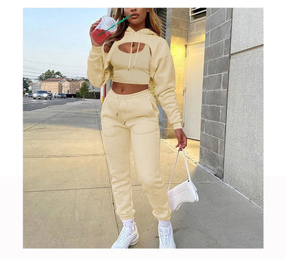 Women 3 Pieces Sets Sweatpants and Hoodie Set Cropped Tops Fleece Pants Suit Tracksuit Fitness Sport Jogger Outfit Clothing