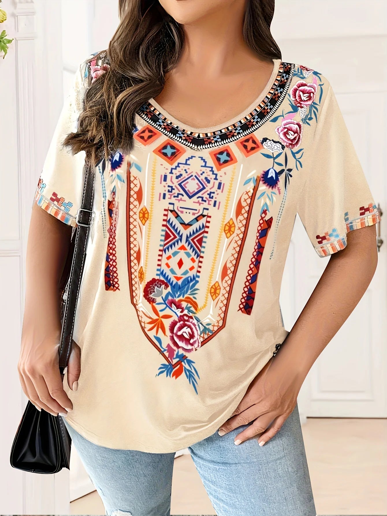 Plus Size Women's T-Shirt Boho Harajuku Graphic Print Summer Short Sleeve Casual Tops Street Fashion T-Shirt Female Clothing beige