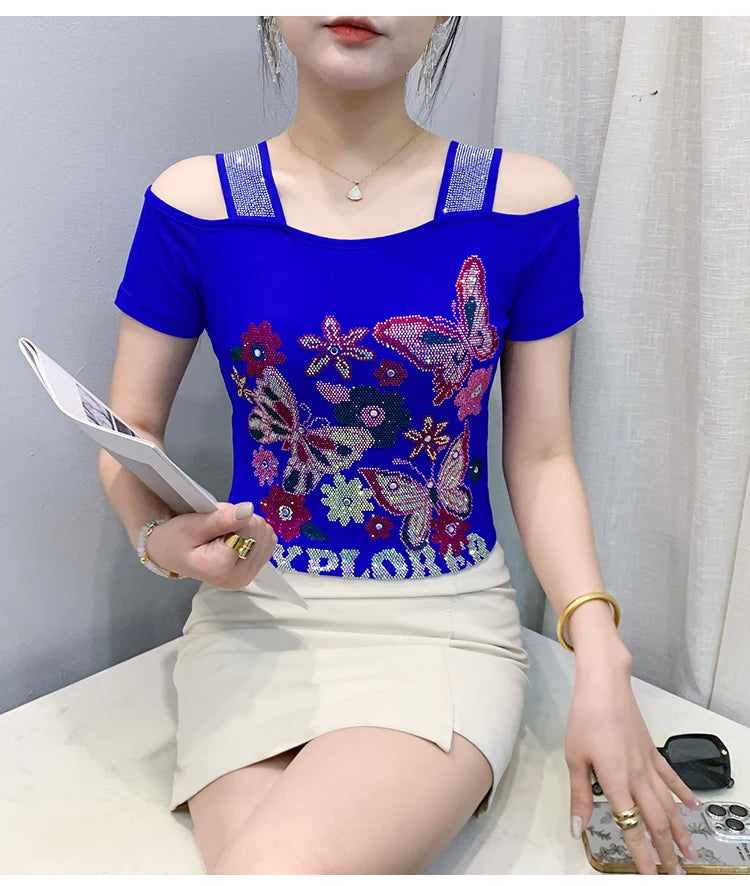 New Arrival Summer European Clothes Women's T-Shirts Chic Luxury Butterfly Hot Diamonds Tees Sexy Girl Slim Streetwear Tops