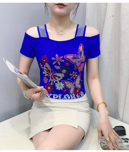 New Arrival Summer European Clothes Women's T-Shirts Chic Luxury Butterfly Hot Diamonds Tees Sexy Girl Slim Streetwear Tops