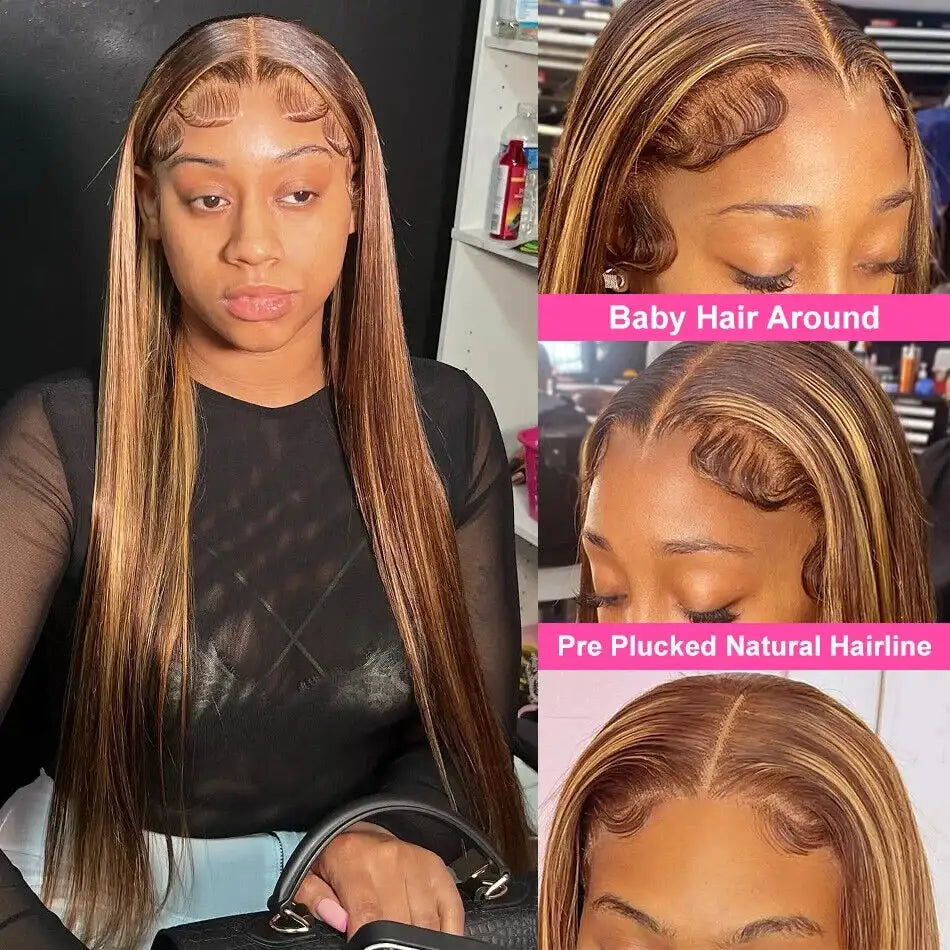 34Inch Bone Straight Highlight Lace Front Human Hair Ombre 13x4 Lace Frontal Wigs 13x6 Honey Blonde Colored Wigs For Women