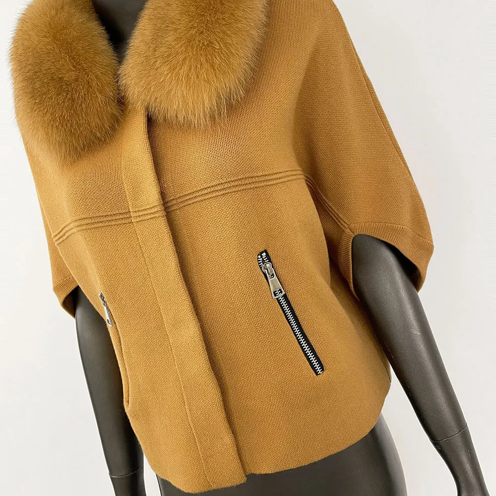 FURYOURSELF 2025 New Real Fox Raccoon Fur Collar Coat Knitted Sweater Women Short Sleeve Jacket Thick Warm Outerwear streetwear